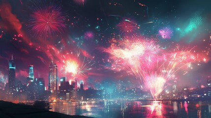 Fototapeta premium Colorful fireworks lighting up a city skyline in a festive celebration scene. 