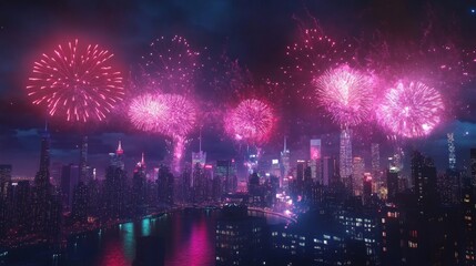 Obraz premium Colorful fireworks lighting up a city skyline in a festive celebration scene. 