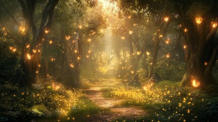 Concept art of an enchanted forest glowing with mysterious lights and magical creatures.