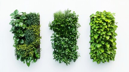 Obraz premium Three garden walls with diverse greenery arranged on a pure white background
