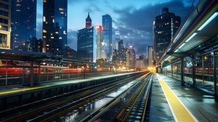 Obraz premium A city at night with a train station in the background