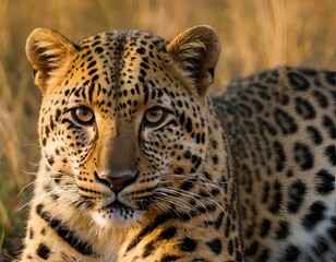 Intense Leopard Portrait with Piercing Gaze in Golden Savanna Light