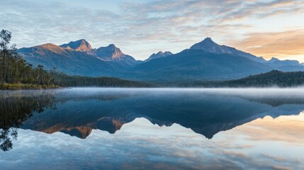 Naklejka premium Mountain Range Reflected in Still Lake at Dawn