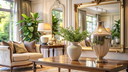 Fototapeta premium In a modern living room, an ancient vase enhances the decor, paired with a chic mirror and a white chair for a sophisticated villa feel.