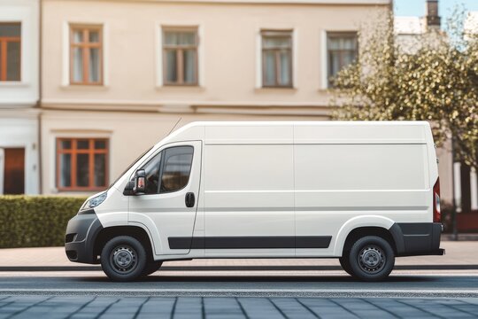 minimalist white cargo van mockup on the street