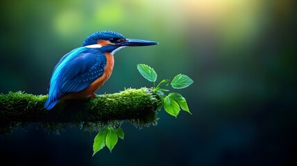 Fototapeta premium Stunning Kingfisher Perched on Mossy Branch