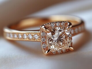 close-up of a stunning diamond engagement ring, featuring a cushion cut and elegant design, displayed on a soft fabric background, evoking romance and commitment