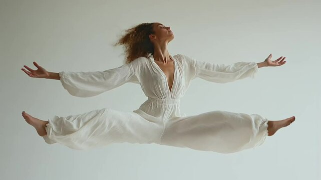 Woman levitating gracefully in a flowing white dress