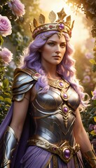 Beautiful blonde woman with red lips and green eyes, smiling in a glamorous dress, holding a sword in her hand, posing for a studio portrait