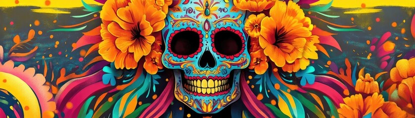 A vibrant, colorful skull adorned with flowers, celebrating life and culture. Perfect for festive, artistic, and decorative themes.