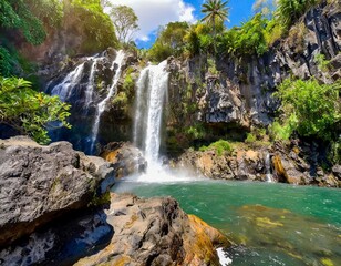 Fototapeta premium Waterfall Cascading Over Jagged Volcanic Rocks, Surrounded by Tropical Trees and Lush Greenery, Captured Under a Bright Sun for a Scenic Nature Landscape Scene