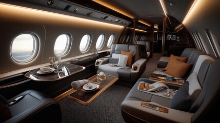 Naklejka premium Luxurious private jet interior with spacious leather seating, elegant decor, and dining setup, featuring multiple windows and ambient lighting.