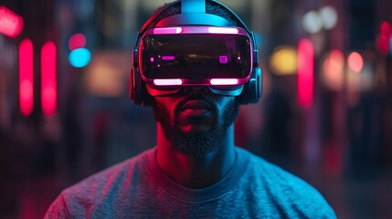 A young man wearing a VR headset stands in a neon-lit urban setting, immersed in a virtual world.