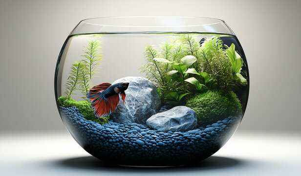 Minimalist Aquarium with Red Betta Fish, Stones, Pebbles, Moss, and Ferns