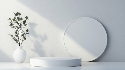Minimalist interior scene featuring a plant, vase, and circular platform against a soft, light background