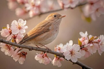 Nightingale Perched on a Blooming Cherry Blossom Tree at Dawn