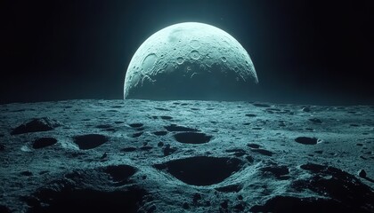 Exploring the Moon's barren, cratered surface under a dark sky at twilight