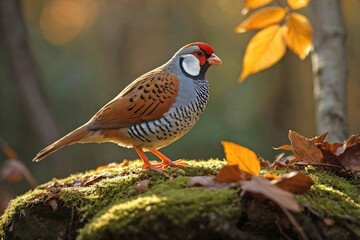 Partridge Nestled on a Rock in an Autumn Woodland Clearing