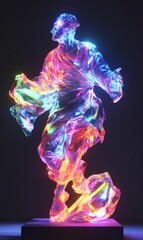 Neon-lit statue of a man standing on a platform.