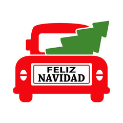 Logo con texto Feliz Navidad en español en la vista posterior del maletero de una furgoneta vintage que acarrea un árbol de navidad para tarjetas y felicitaciones