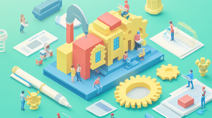 The concept of engineer education, gears and cogs composition isometric 3D vector illustration, studying science at university, and learning engineering.