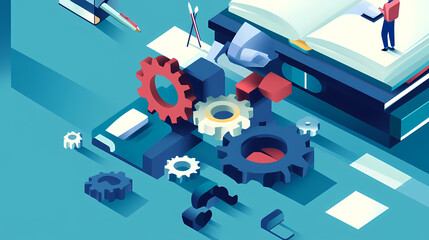 Obraz premium The concept of engineer education, gears and cogs composition isometric 3D vector illustration, studying science at university, and learning engineering.