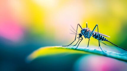 A Detailed View of a Mosquito Resting on a Leaf in a Tropical Forest, Highlighting Its Crucial Role in Virus Transmission, with a Shallow Depth of Field Creating a Dramatic Effect.