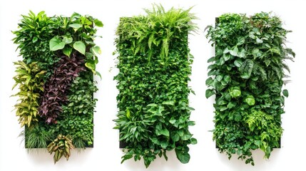 Naklejka premium Three vertical garden walls filled with greenery isolated on white