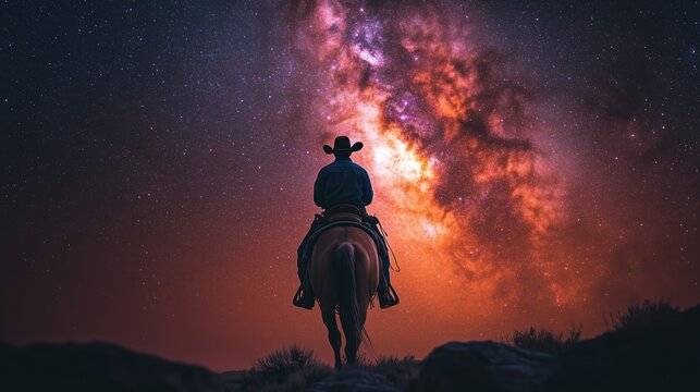 Against a backdrop of vibrant stars and swirling galaxies, a cowboy on horseback traverses the desert landscape, embodying adventure and solitude under the vast night sky