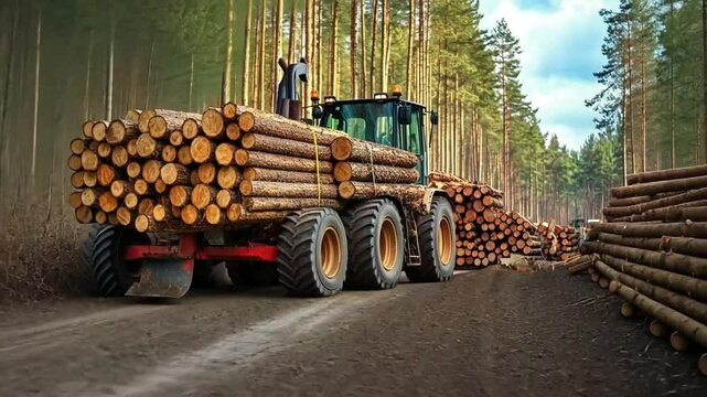 A tractor transporting logs along a dirt road in a forest, showcasing timber harvesting and logging activities.