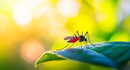 A Detailed View of a Mosquito Resting on a Leaf in a Tropical Forest, Highlighting Its Crucial Role in Virus Transmission, with a Shallow Depth of Field Creating a Dramatic Effect.