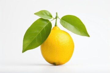 Fresh Lemon with Green Leaves on White Background
