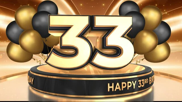 33 years, 33rd birthday loop, looped video background, backdrop in 3D Gold with balloons
