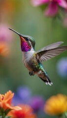Fototapeta premium Hummingbird hovering over colorful flowers with blurred motion effect