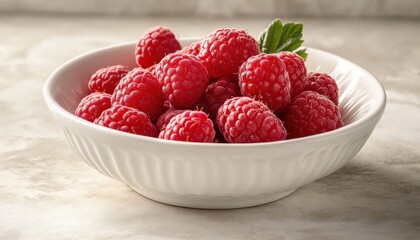 Fresh raspberries displayed in a white bowl on a textured surface capturing the essence of summer