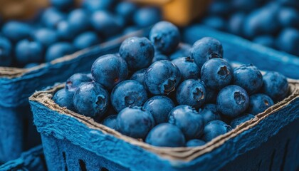 Fresh blueberries in small baskets at a local farmers market during a sunny summer afternoon