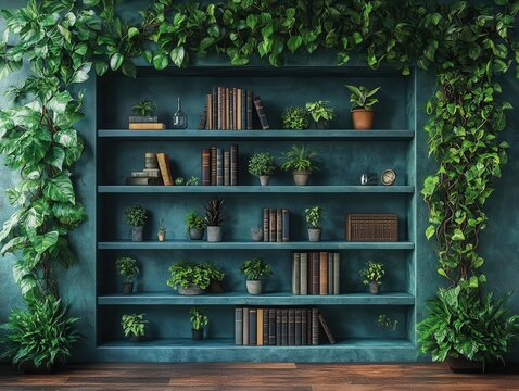 contemporary-style bookshelf decorated with lush plants, serving as a modern element for virtual office backdrops. this design embodies a blend of nature and style, perfect for enhancing a workspace