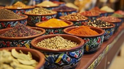 Fototapeta premium Assortment of Spices in Colorful Ceramic Bowls