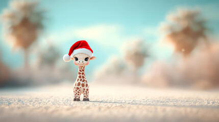 Baby giraffe in a Santa hat, cute animal holiday portrait, 3D illustration