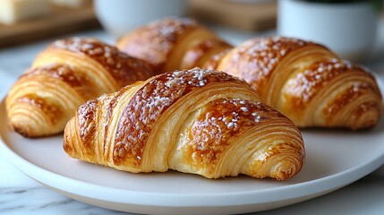 Four golden brown croissants with flaky layers and a dusting of powdered sugar on a white plate.