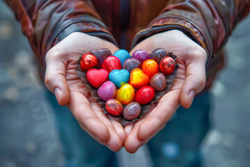 Man holding a heart shaped group of colorful chocolate hearts