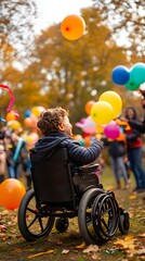A young child in a wheelchair, laughing joyfully at the park with balloons and streamers flying around them