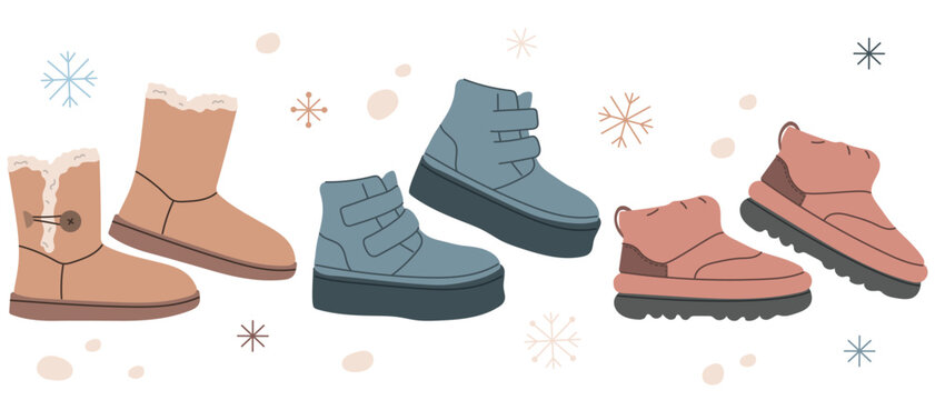 Winter season warm shoes, cold weather shoes, various fashionable, cozy and comfortable shoes, casual seasonal shoes, snowflakes