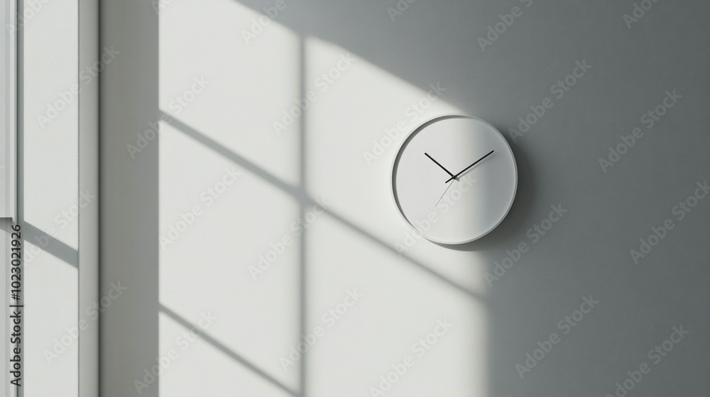 Poster white clock on a white wall with window light and shadows