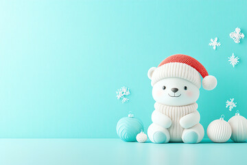 Fototapeta premium Cute polar bear cub in a Santa hat, adorable winter portrait, 3D illustration