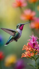Fototapeta premium Hummingbird in flight with vibrant wings, blurred flowers in colorful backdrop