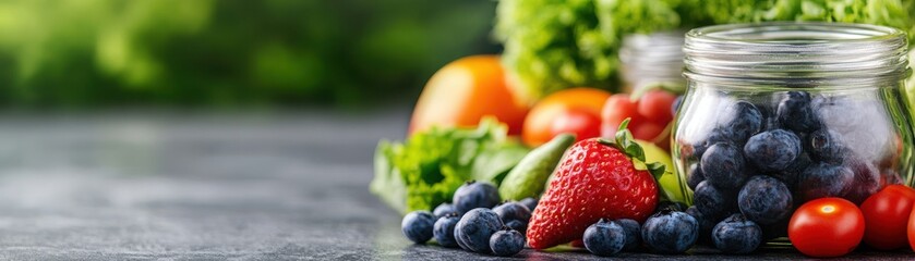 Fresh fruits and vegetables arranged beautifully on a rustic table.