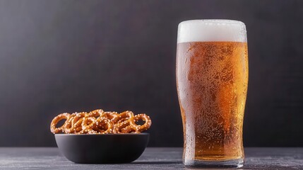 A frosty lager glass with condensation, placed next to a bowl of pretzels, highlighting the refreshment of National Lager Day