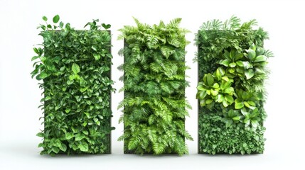Naklejka premium Trio of green garden walls filled with plants against isolated white background