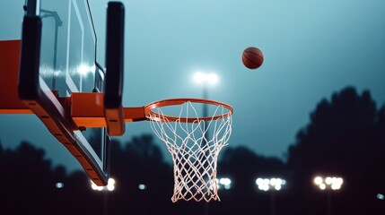 Basketball approaching hoop with net on an outdoor court during twilight with stadium lights in the background